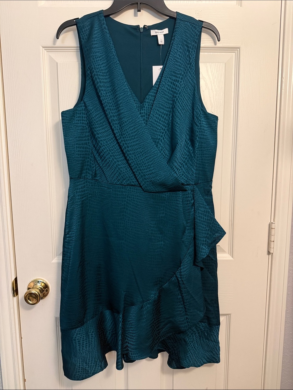 Nine West Teal Faux-Wrap Sleeveless Mini Dress
